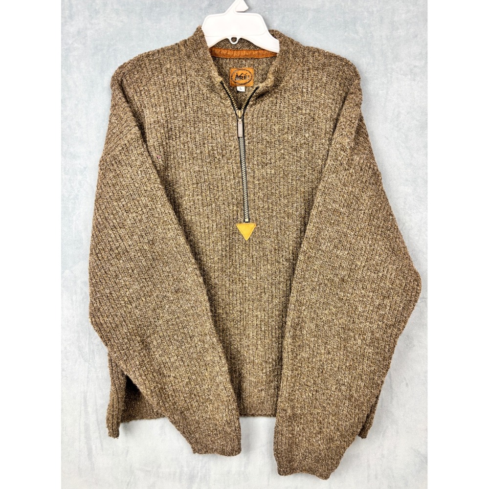 REI Mens Wool Blend Quarter Zip Sweater Brown Marled Knit Made in USA Large